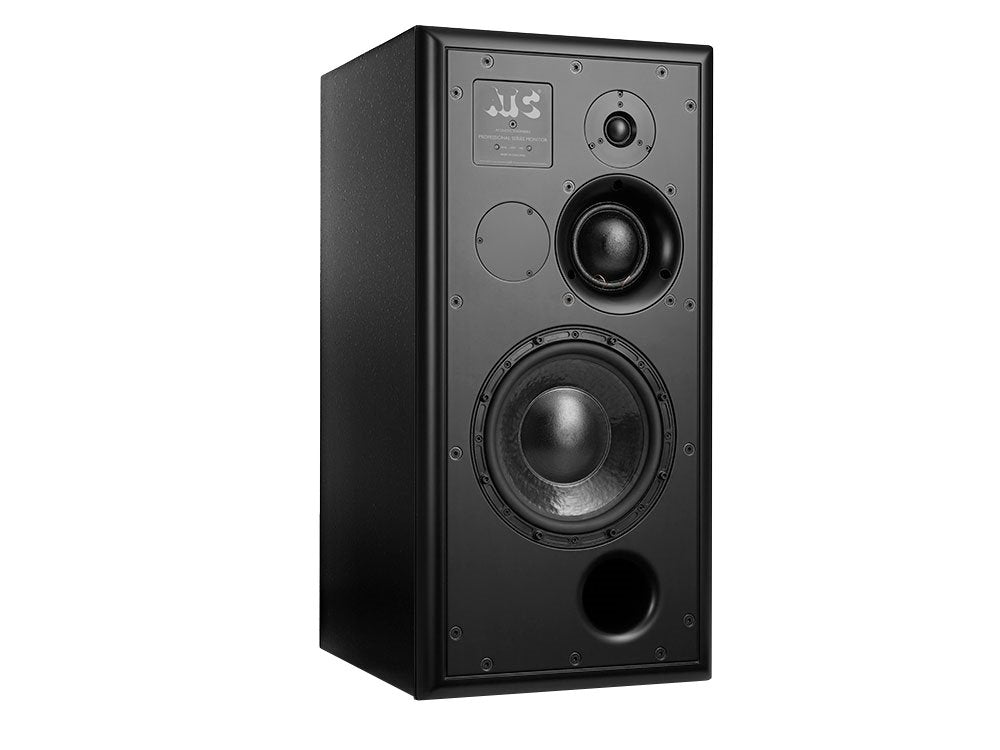Black professional active monitor speaker with three drivers and bass port on front panel.