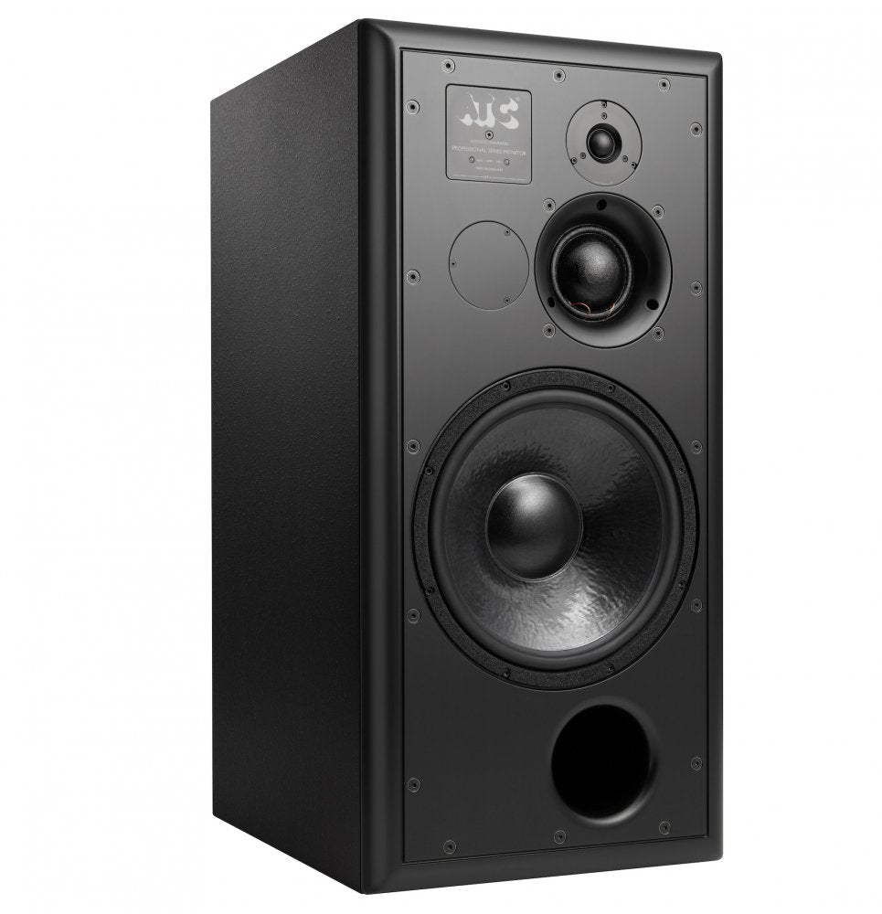Black professional series monitor loudspeaker with three drivers and front bass port