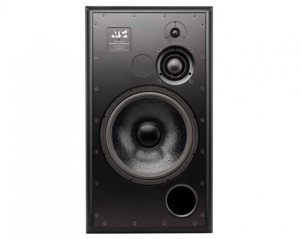 Front view of a black studio monitor speaker with three drivers and a bass reflex port.