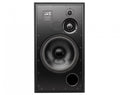 Front view of a black studio monitor speaker with three drivers and a bass reflex port.
