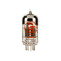 Glass vacuum tube with metal pins and orange GT logo printed on the glass.
