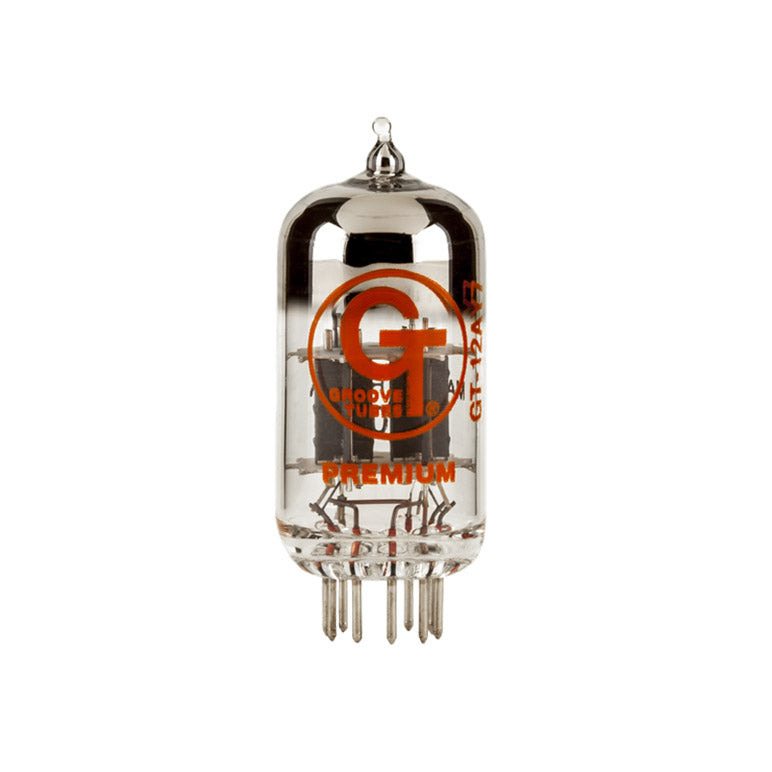 Glass vacuum tube with metal pins and orange GT logo printed on the glass.