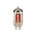 Clear glass vacuum tube with red text 'GT-12AT7' and metal pins at the base.