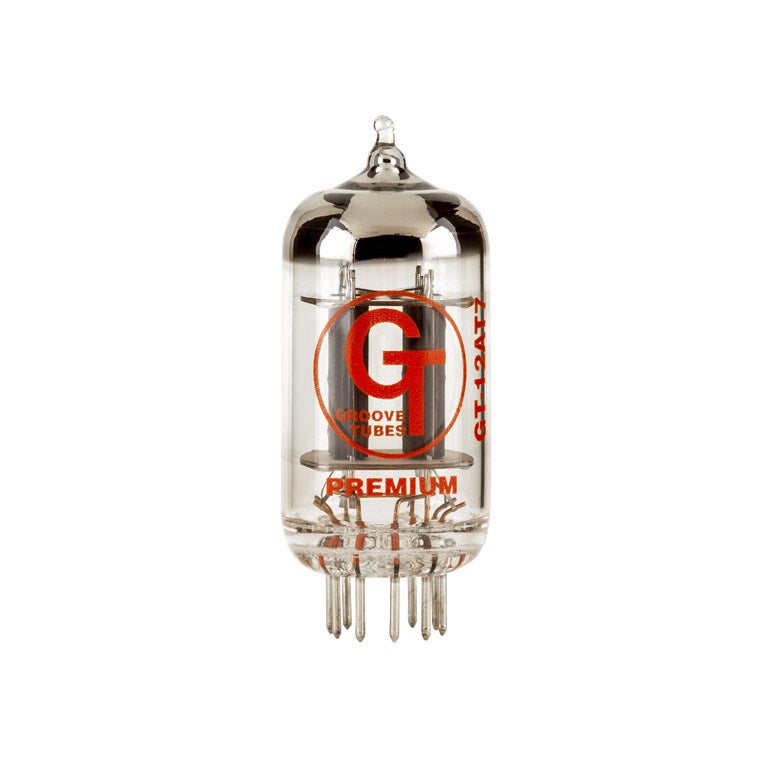 Clear glass vacuum tube with red text 'GT-12AT7' and metal pins at the base.
