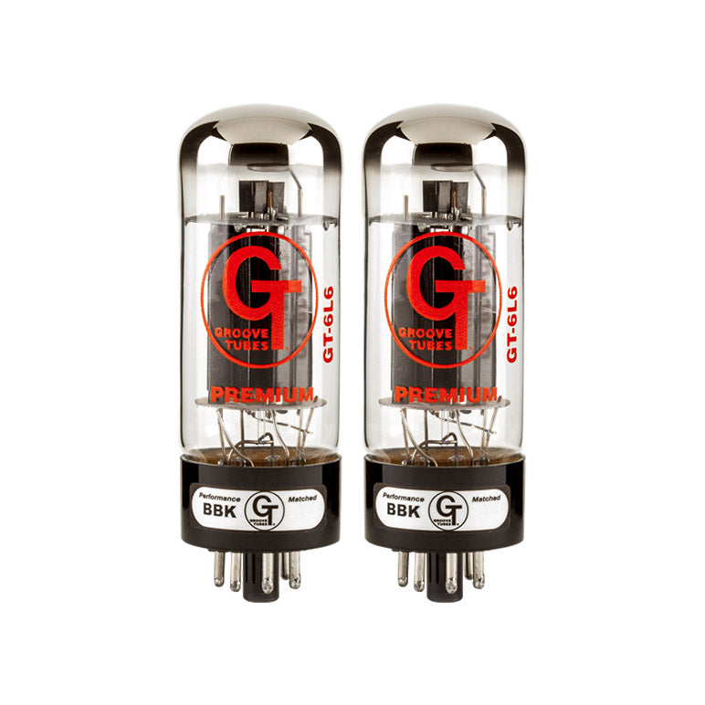 Pair of Groove Tubes GT-6L6 vacuum tubes with red logo and black bases showing labels.