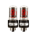 Pair of two clear glass vacuum tubes with black base and metal pins, labeled Groove Tubes Premium Performance DCK Matched.