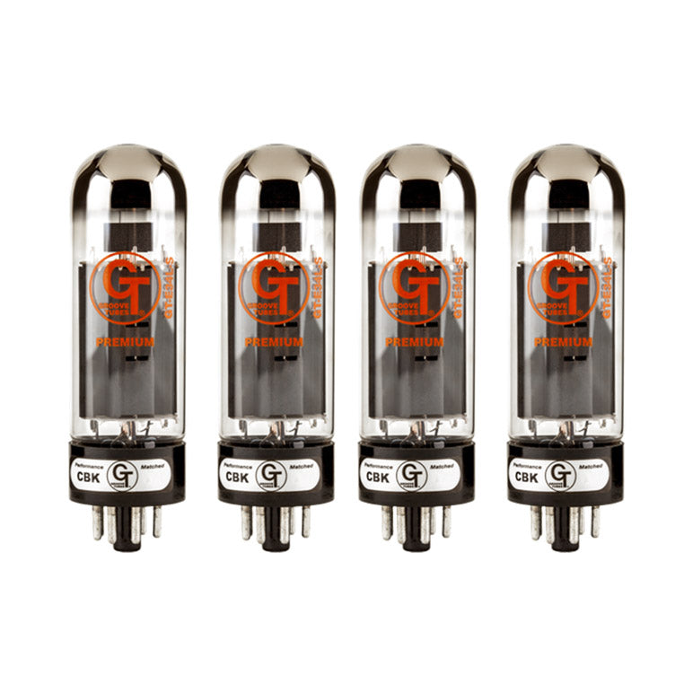 Four clear glass vacuum tubes with orange GT Groove Tubes branding and pin connectors at the base.
