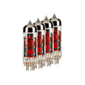 Four clear glass vacuum tubes with metal pins and red labeling reading GT EL84 and Groove Tubes.