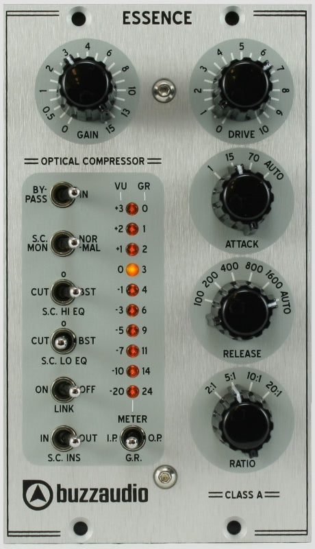 Front panel of a silver audio processor with multiple knobs, toggle switches, and LED indicators labeled Essence by buzzaudio.
