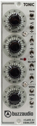 Audio equalizer module with four rotary knobs and multiple toggle switches by buzzaudio.