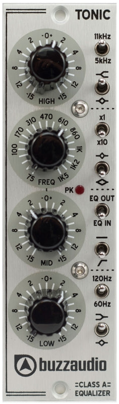 Audio equalizer module with four rotary knobs and multiple toggle switches by buzzaudio.
