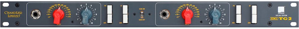 Front panel of a Chandler Limited EMI TG2 audio equipment with knobs, switches, and a 1/4 inch jack.