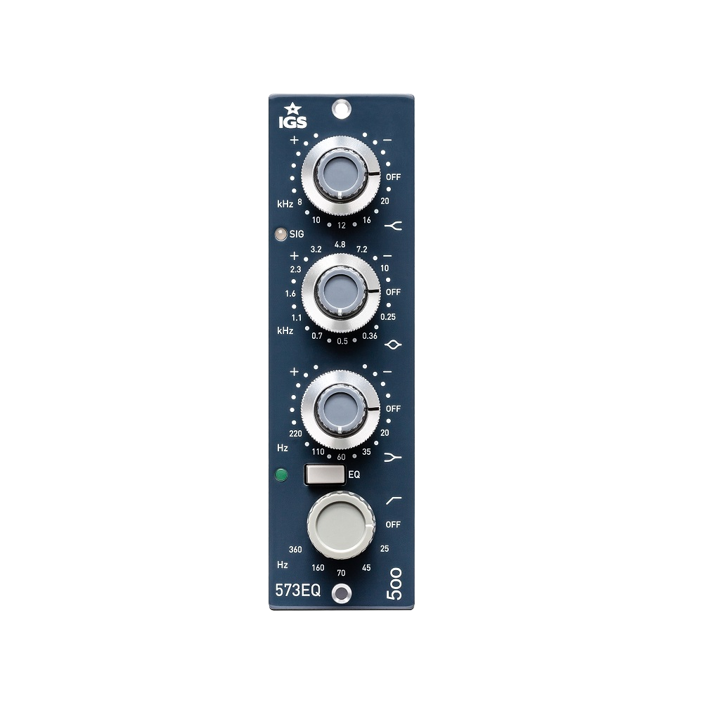 Dark blue audio module with four rotary knobs, a toggle switch, and LED indicator light.