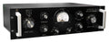Black audio processor unit with rotary knobs, toggle switches, and an analog meter on front panel.