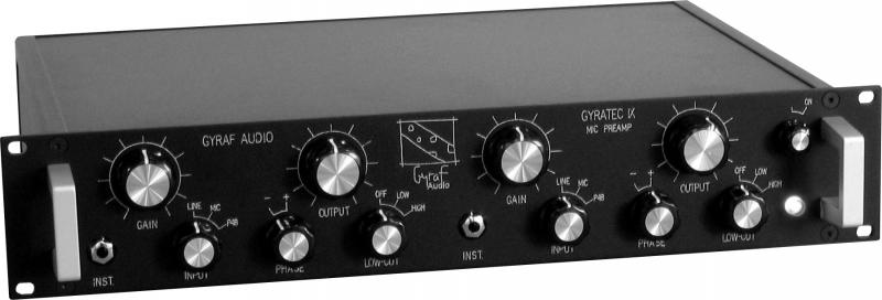 Front panel of a black GYRAF AUDIO Gyratec IX microphone preamp with knobs, switches, and input jack.