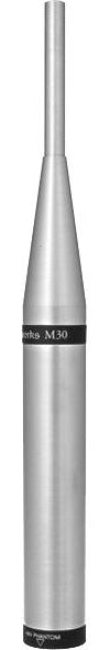 Silver cylindrical microphone with a long thin upper section and black band labeled earthworks M30