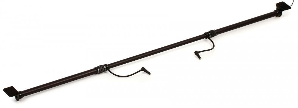 Long adjustable black metal pole with two right-angle 3.5mm jacks and mounting brackets on white background.