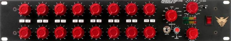 Front panel of an audio mixer with multiple red knobs, a 1/4 inch jack, a toggle switch, and LED level indicators.