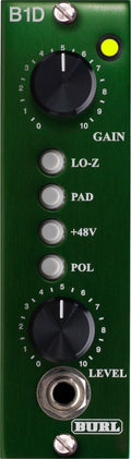 Green audio preamp or DI unit panel with two knobs, four buttons, and one 1/4 inch jack connector.