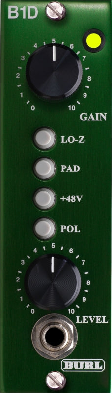 Green audio preamp or DI unit panel with two knobs, four buttons, and one 1/4 inch jack connector.