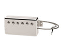 A chrome-covered humbucker guitar pickup with exposed black and silver braided wires.