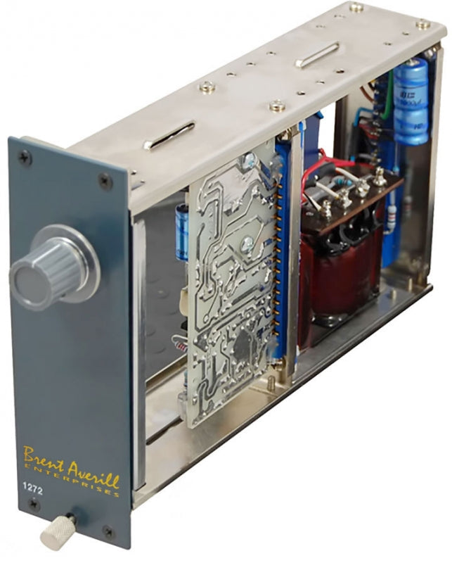 Open electronic module with circuit board, components, and rotary knob mounted on front panel labeled Brent Averill Enterprises 1272