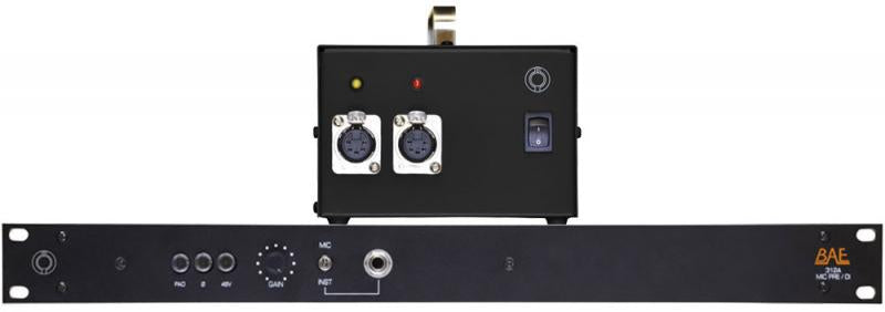 Front view of a BAE 312A rackmount audio preamp with gain knob, inputs, and power supply unit.