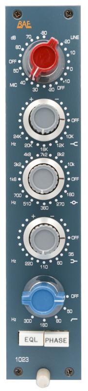 Blue audio module panel with rotary knobs labeled for mic preamp and EQ controls and switches for EQ and phase.