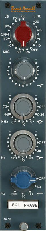 Front panel of an audio module with rotary knobs and switches showing Beart Auxcill Enterprises branding and model number 1073.