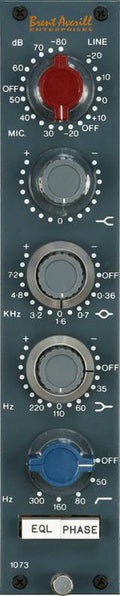 Front panel of an audio module with rotary knobs and switches showing Beart Auxcill Enterprises branding and model number 1073.