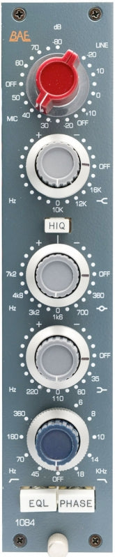 Front panel of BAE 1084 preamp/EQ module with multiple rotary knobs and toggle switches.