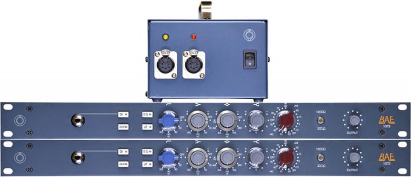 Two blue rackmount preamplifier units with knobs plus a blue power supply box with connectors and indicator lights.