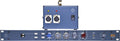 Blue 19-inch rackmount audio unit with multiple control knobs, two XLR female connectors, and power switch.