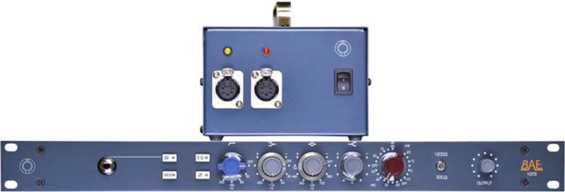 Blue 19-inch rackmount audio unit with multiple control knobs, two XLR female connectors, and power switch.