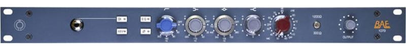 Front panel of a 19-inch rackmount audio device with knobs, toggle switches, and labeled controls including DI, EQ, AUX, and OUTPUT.