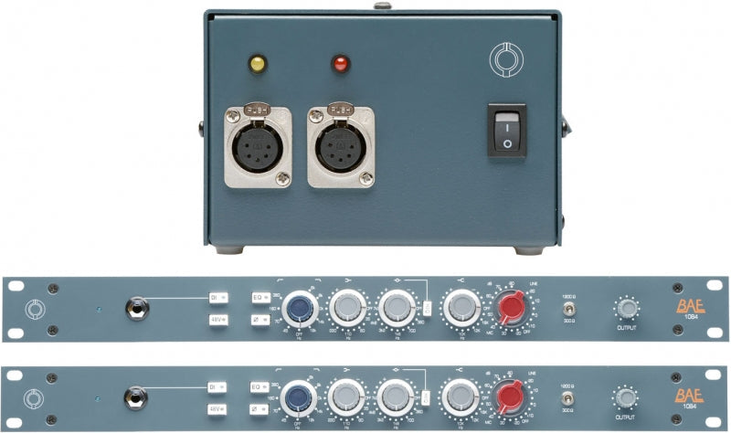 Two rackmount audio units with control knobs and a separate power supply box with XLR connectors and a switch.