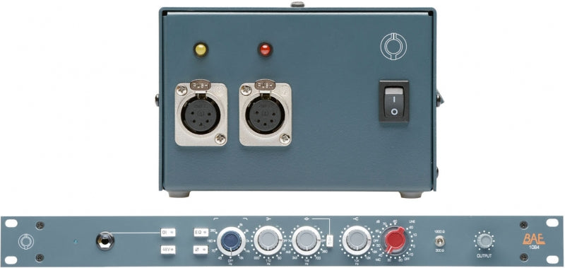 A studio audio rackmount unit with rotary knobs and buttons alongside a small box with two XLR connectors and a power switch.