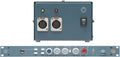 A studio audio rackmount unit with rotary knobs and buttons alongside a small box with two XLR connectors and a power switch.