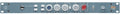 Front panel of a blue 19-inch rackmount audio equalizer with knobs, switches, and a quarter-inch jack.