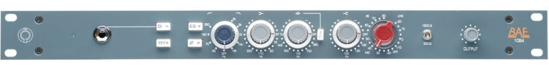 Front panel of a blue 19-inch rackmount audio equalizer with knobs, switches, and a quarter-inch jack.