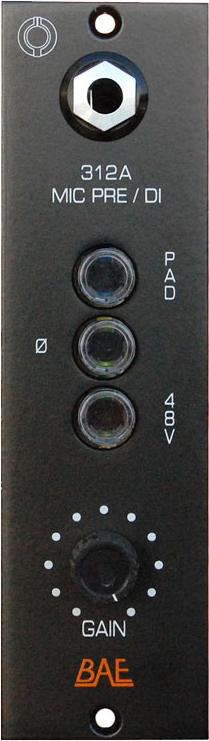 Black audio module panel with a male XLR connector, three circular buttons, and a gain control knob.