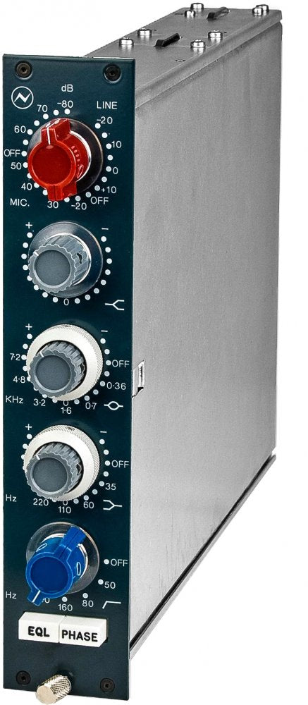 Silver rack module with multiple rotary knobs and two white push buttons on dark teal faceplate.