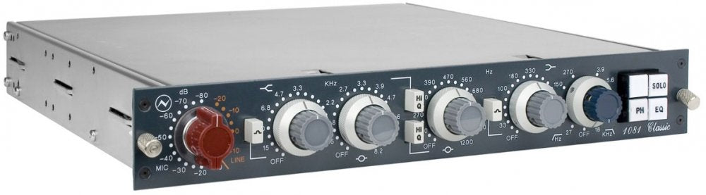 Rackmount audio module with multiple rotary knobs, switches, and buttons on the front panel labeled 1081 Classic.