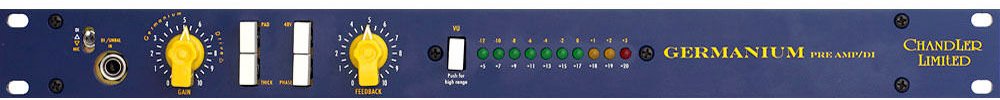 Blue audio preamp/DI unit with yellow knobs, 1/4 inch jack, LED VU meter, and labeled controls.