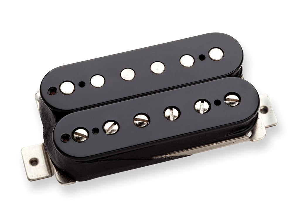 Black humbucker guitar pickup with adjustable pole pieces and mounting tabs.