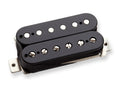 Black humbucker guitar pickup with adjustable pole pieces and mounting tabs.