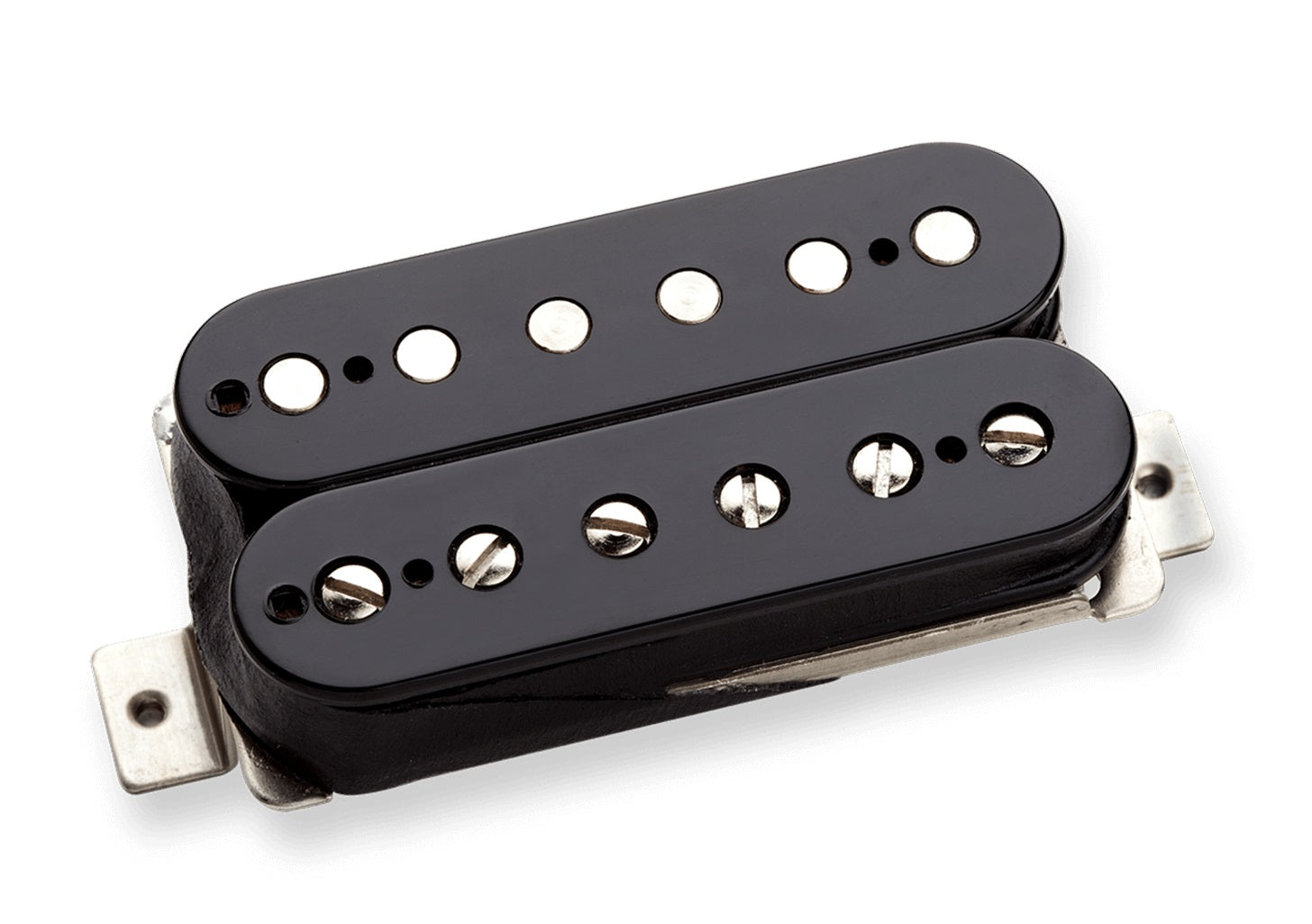 Black humbucker guitar pickup with adjustable pole pieces and mounting tabs.