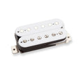 White humbucker guitar pickup with six adjustable pole screws and six metal slugs.
