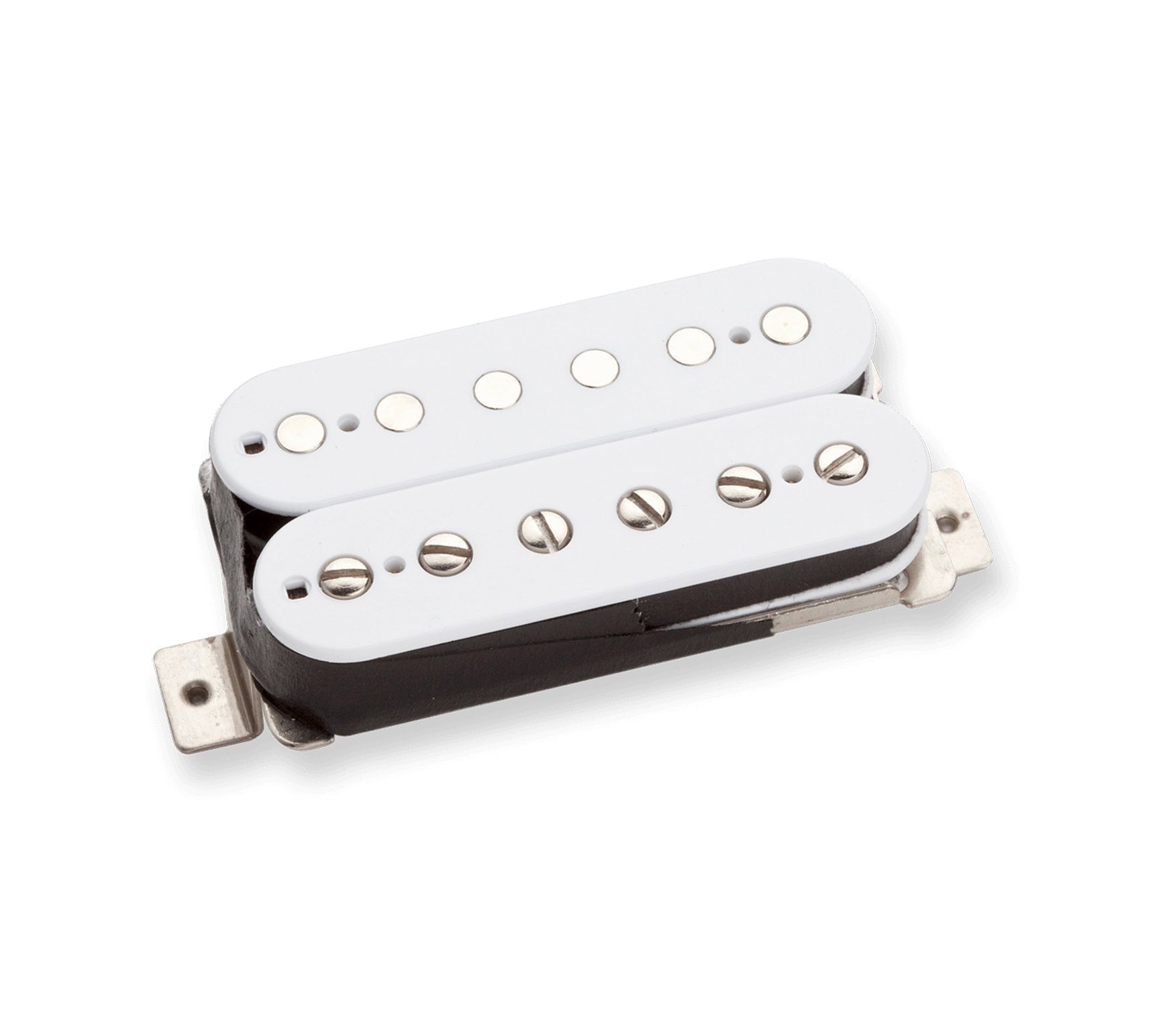 White humbucker guitar pickup with six adjustable pole screws and six metal slugs.