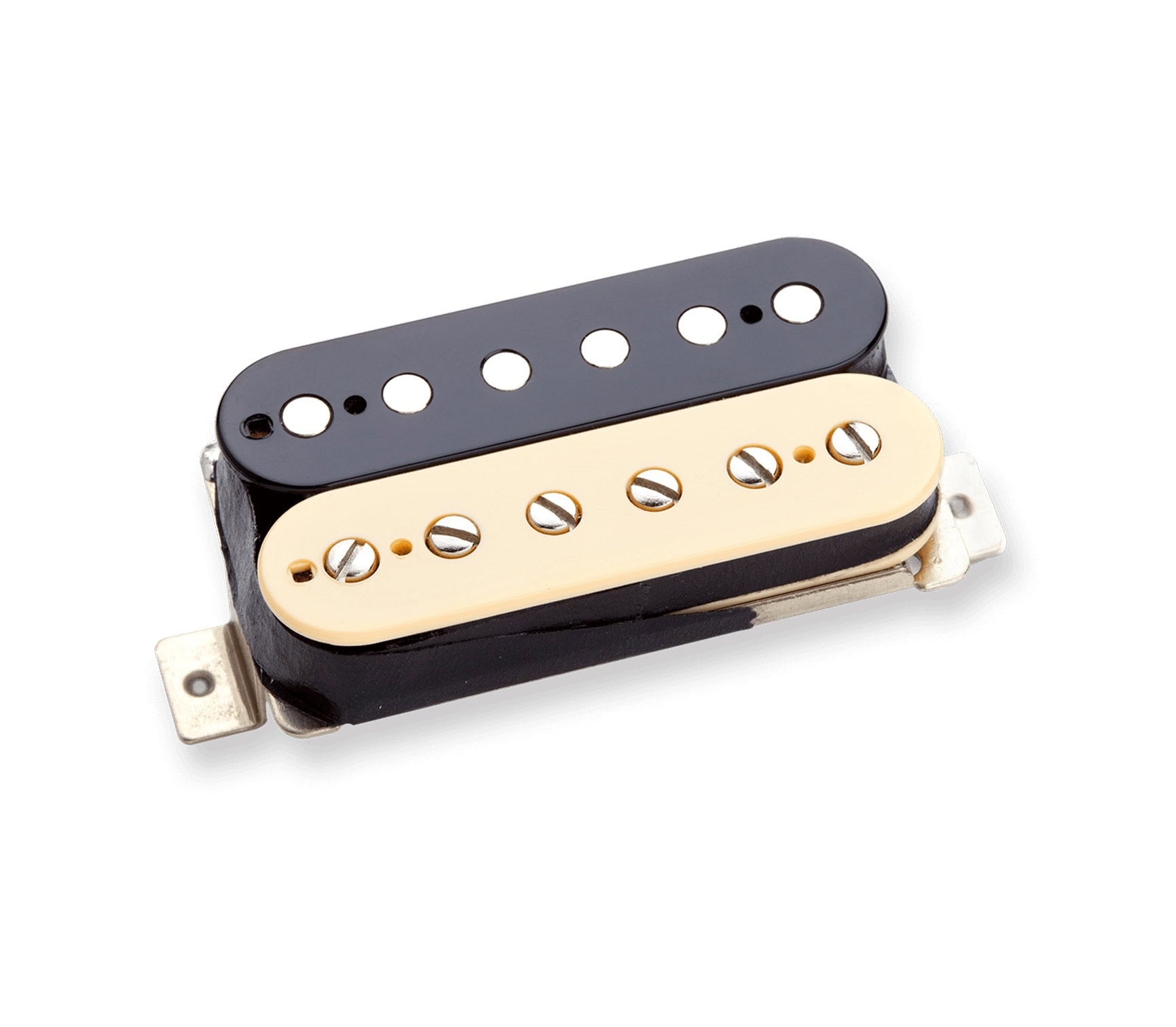 A humbucker style guitar pickup with a black and cream cover and metal mounting tabs on white background.